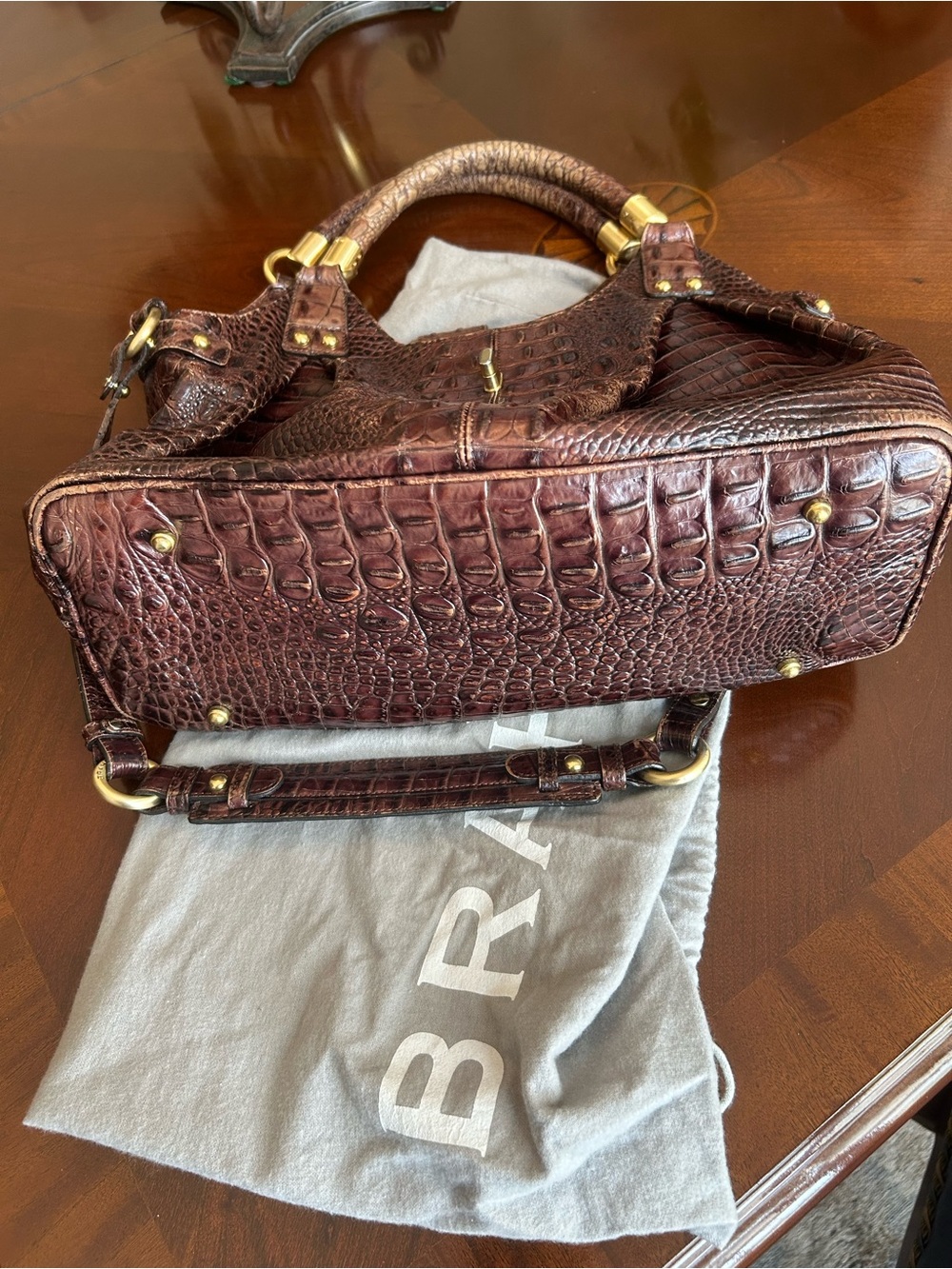 Brahmin Croc-Embossed Leather Satchel in Deep Brown Truffle Melbourne - Picture 2 of 9